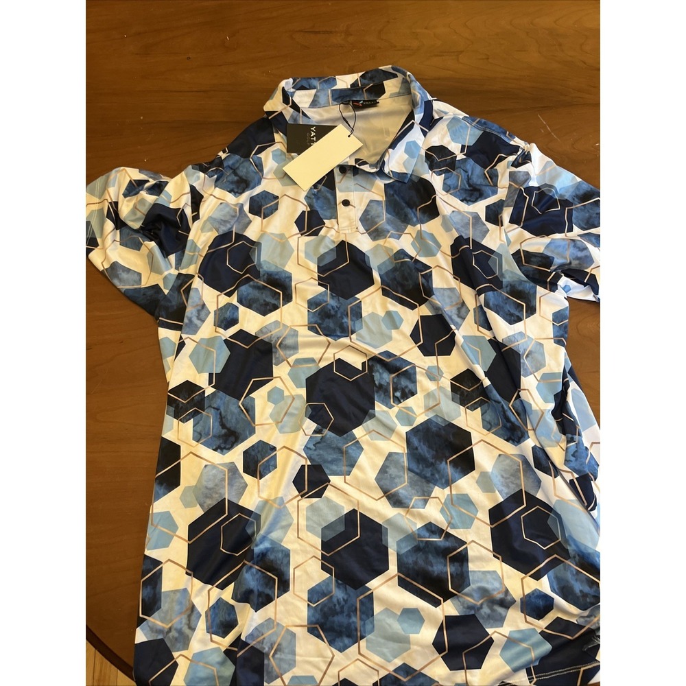 NWT Yatta Golf Polo Shirt Men's 4XL Blue And White Geometric Golf Shirt